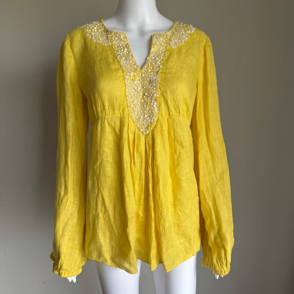 Lafayette 148 Beaded Embellished 100% Linen Tunic Top Blouse Size 2 Yellow